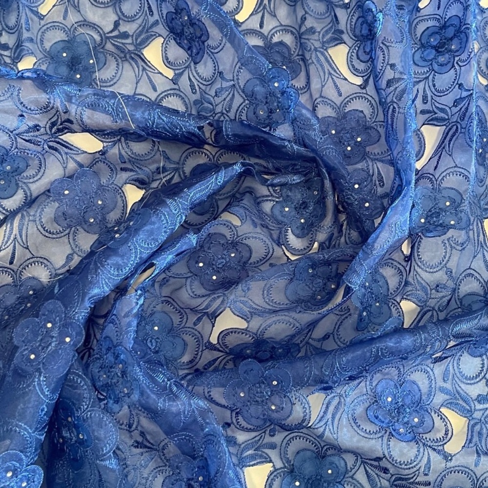 Blue Floral Embroidered Print Rhinestone Lace Fabric